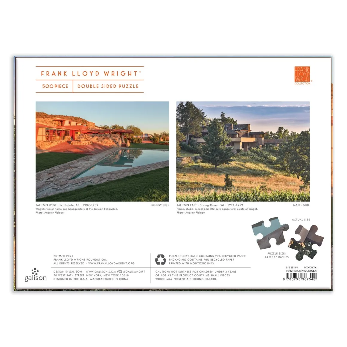 Frank Lloyd Wright Taliesin and Taliesin West Double-Sided 500 Piece Jigsaw Puzzle